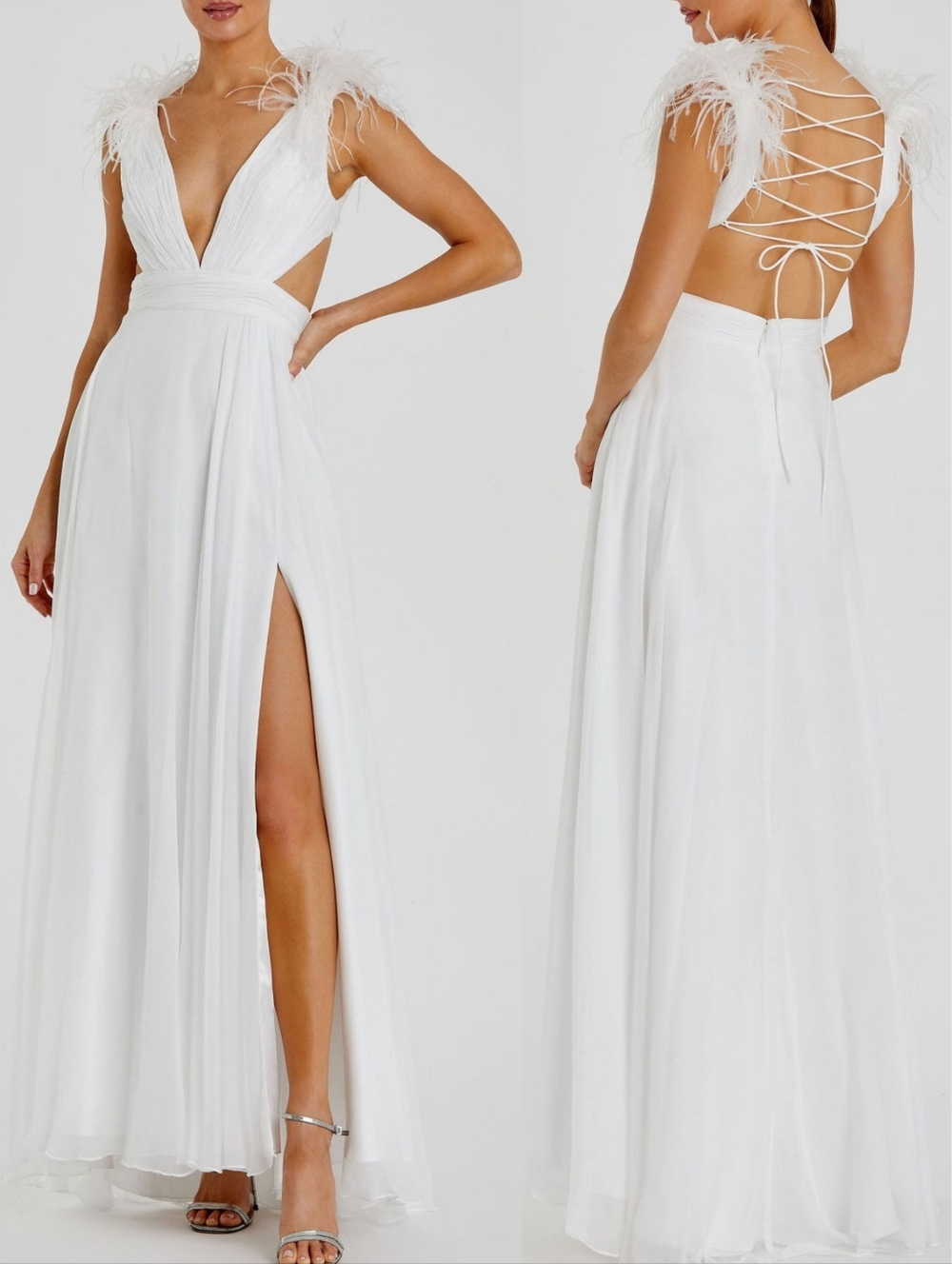 Mac Duggal 68113 White Plunge Ostrich Feather A-Line Corset Back Gown 6 NWT - Picture 5 of 16